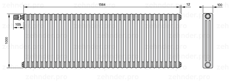 Схема (чертеж) Радиатор Zehnder Charleston 3100/34 №V012 Белый глянцевый RAL 9016